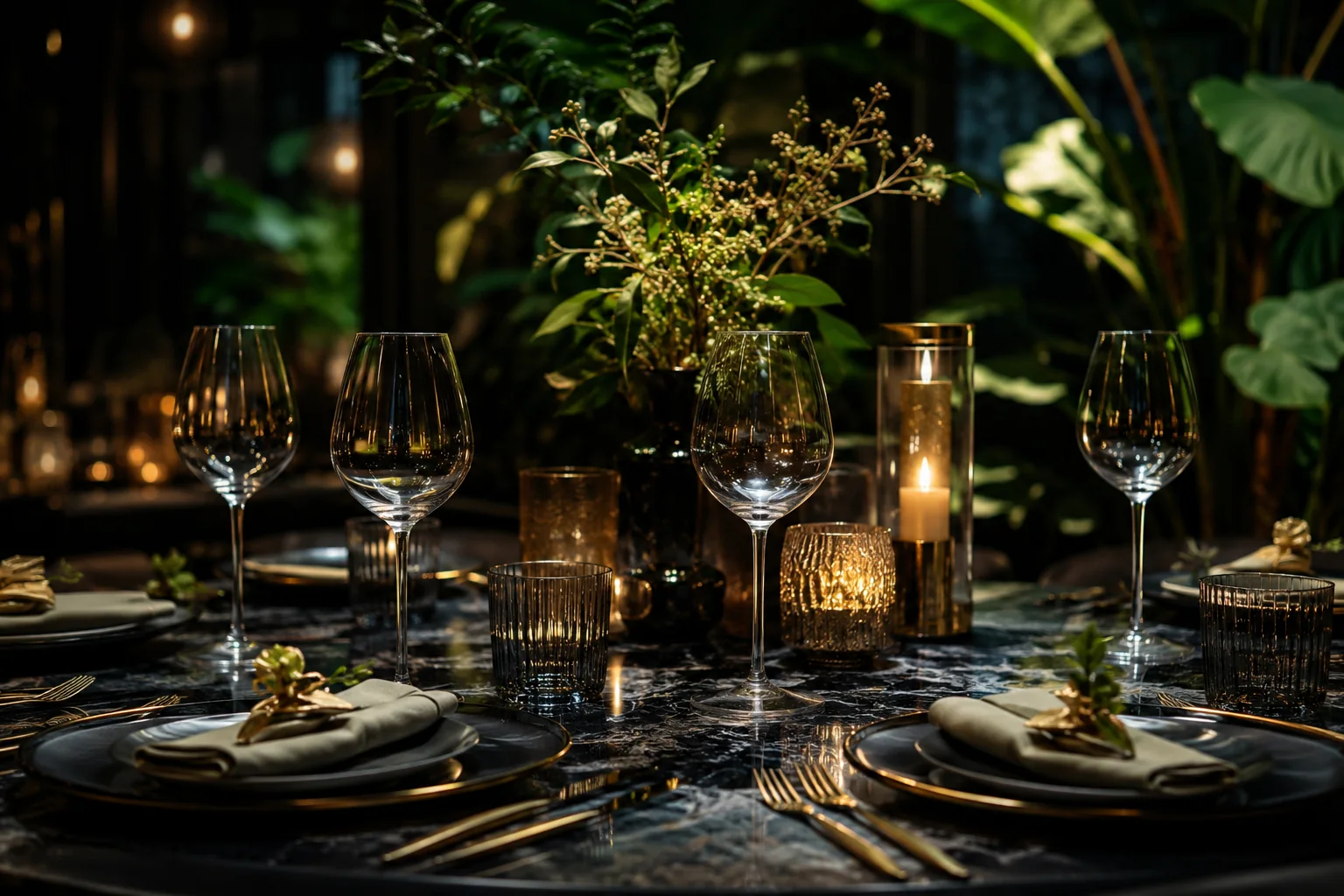 Tavolo elegante con bicchieri e candele