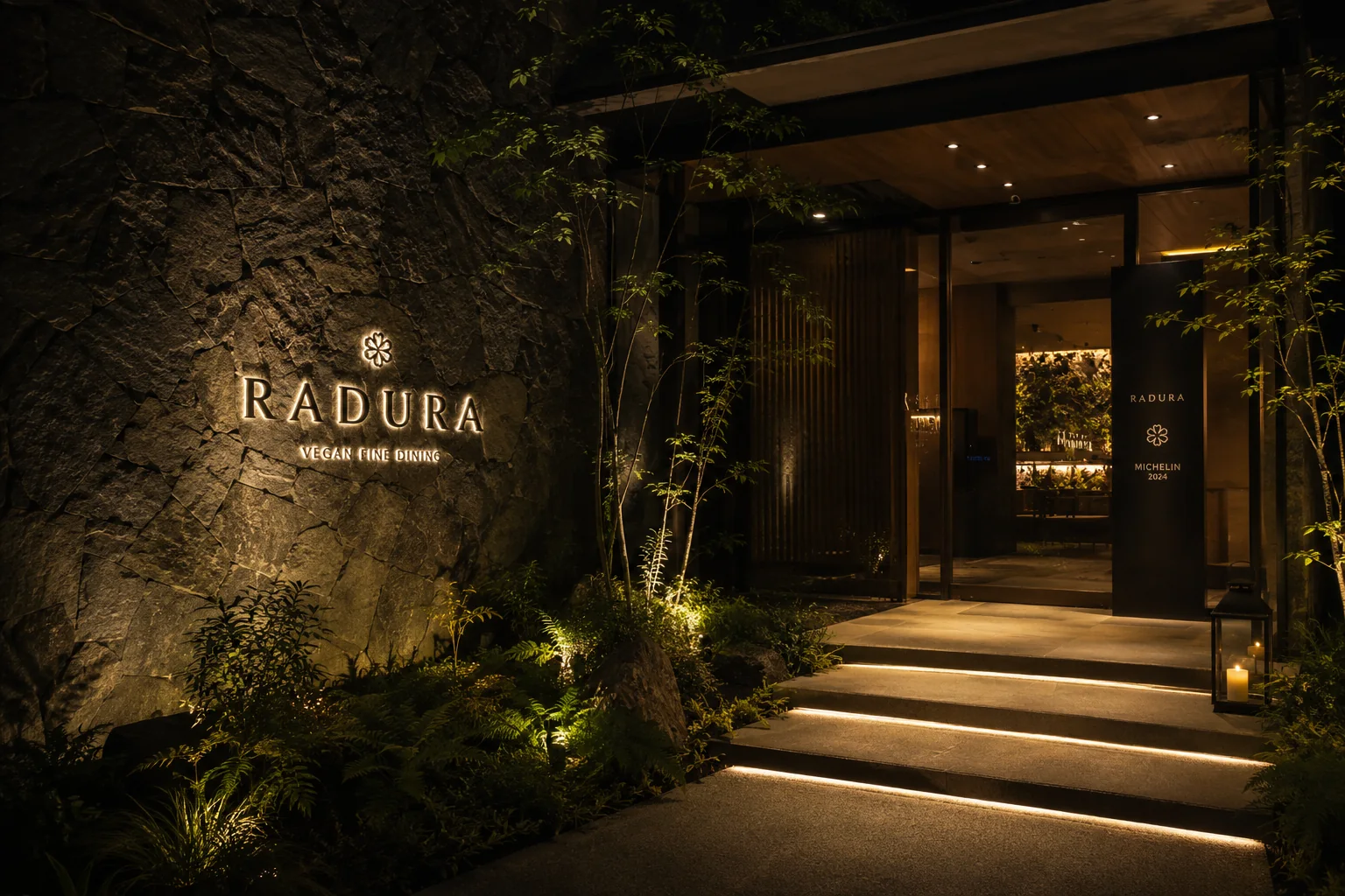 Ingresso RADURA con insegna luminosa e piante