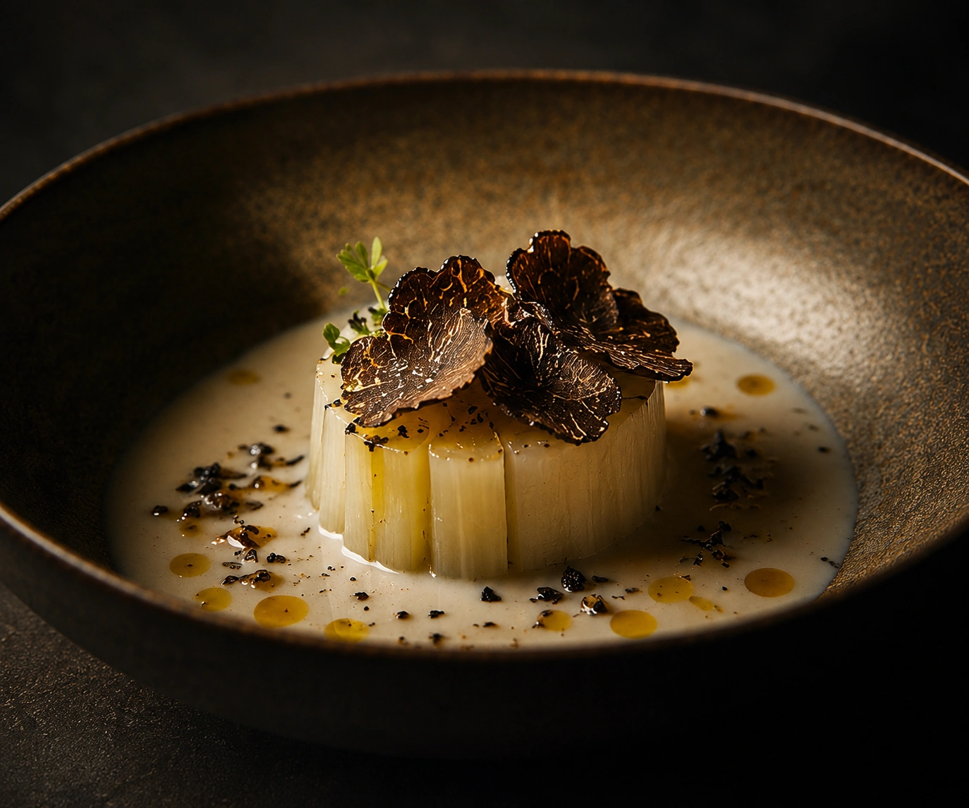 Porro confit con tartufo nero e latte di nocciola